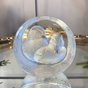 Mats Jonasson Intaglio Lead Glass Paperweight Duck Sculpture Swedish Signed